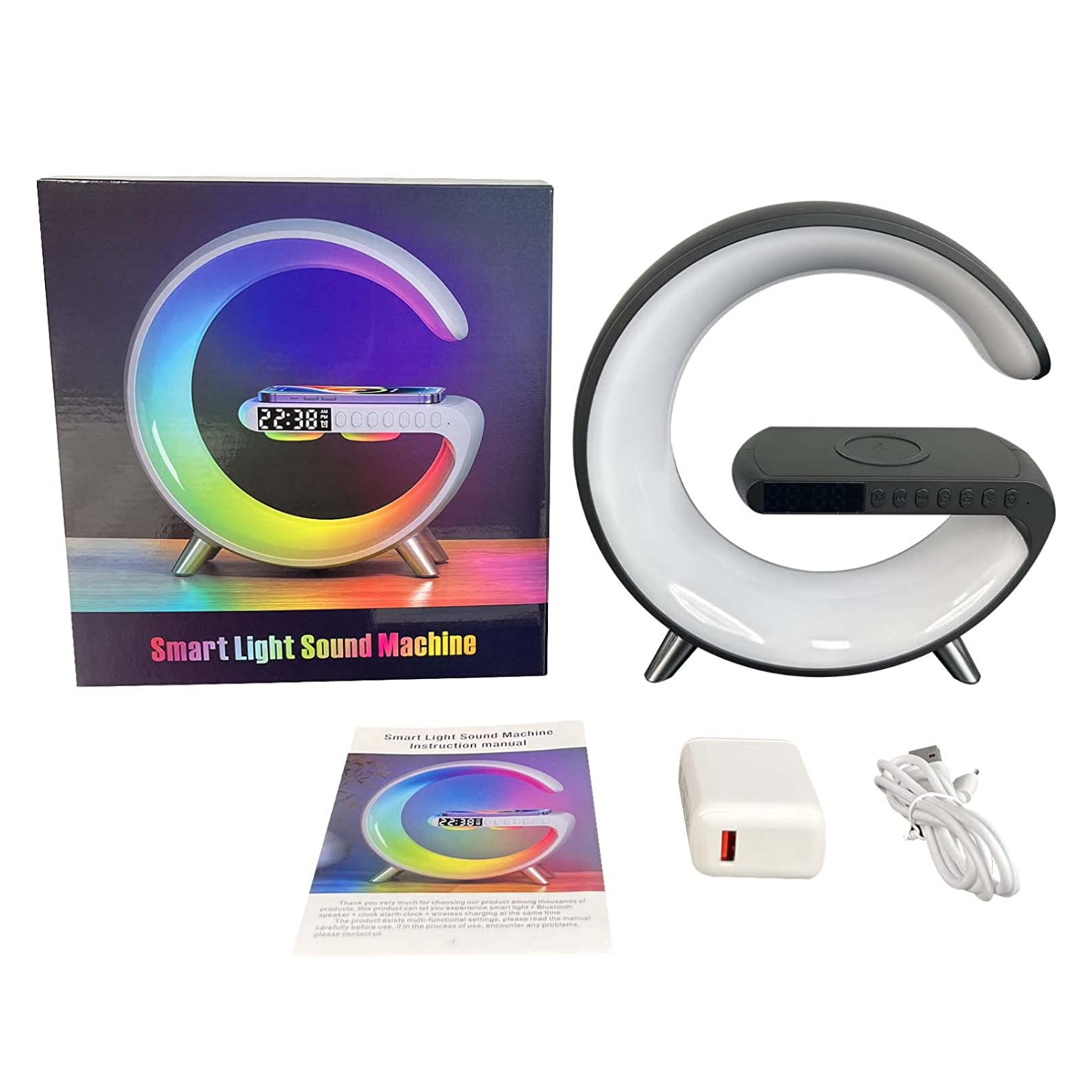 Smart light sound machine with packaging, power adapter, and cable on a white background