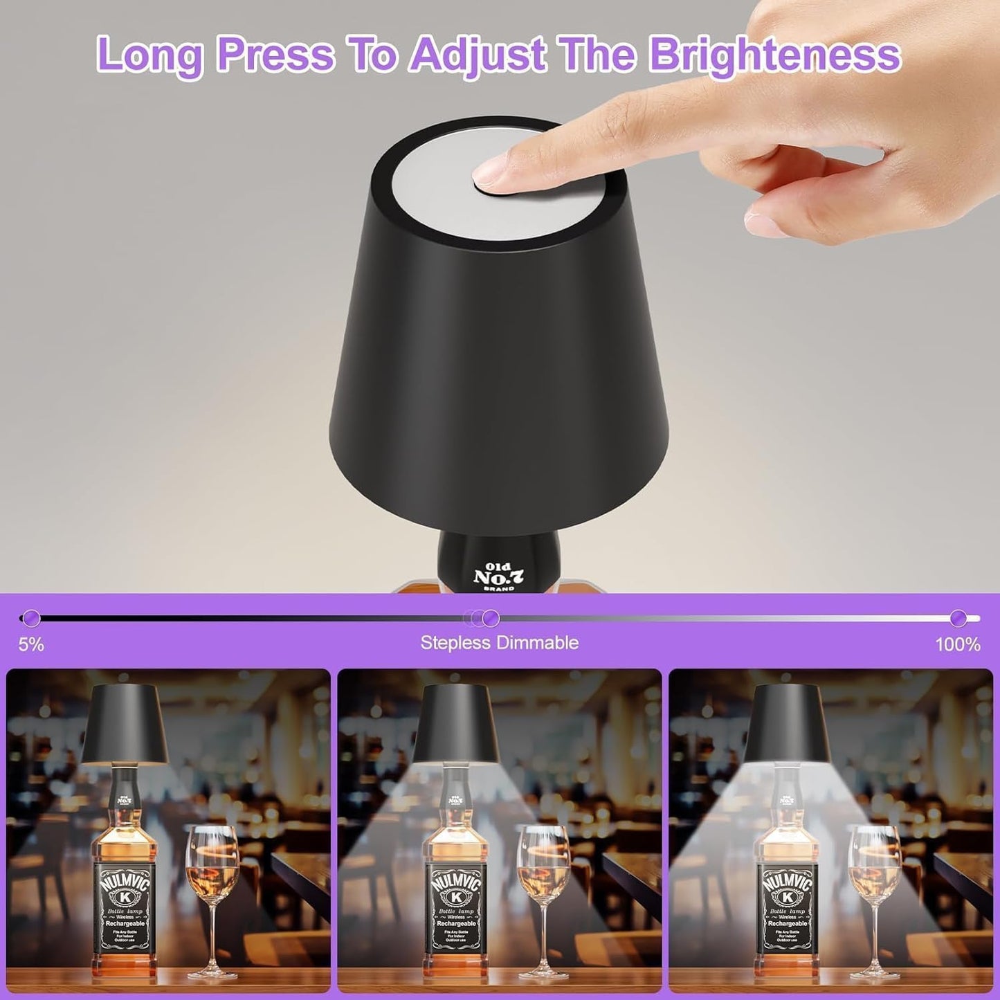 Black lamp with a hand adjusting the brightness, shown in a restaurant setting.