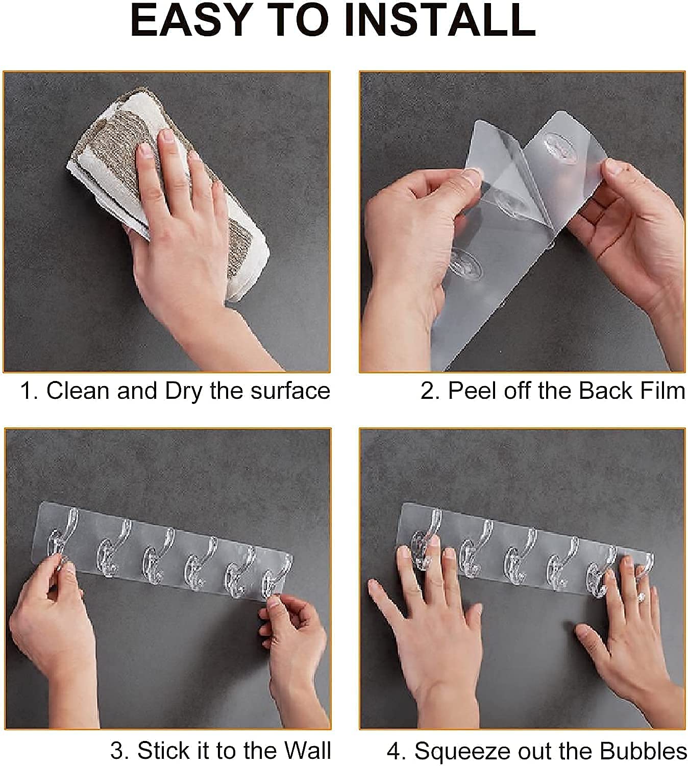 Step-by-step guide on how to install a product with hands performing each action on a gray background.