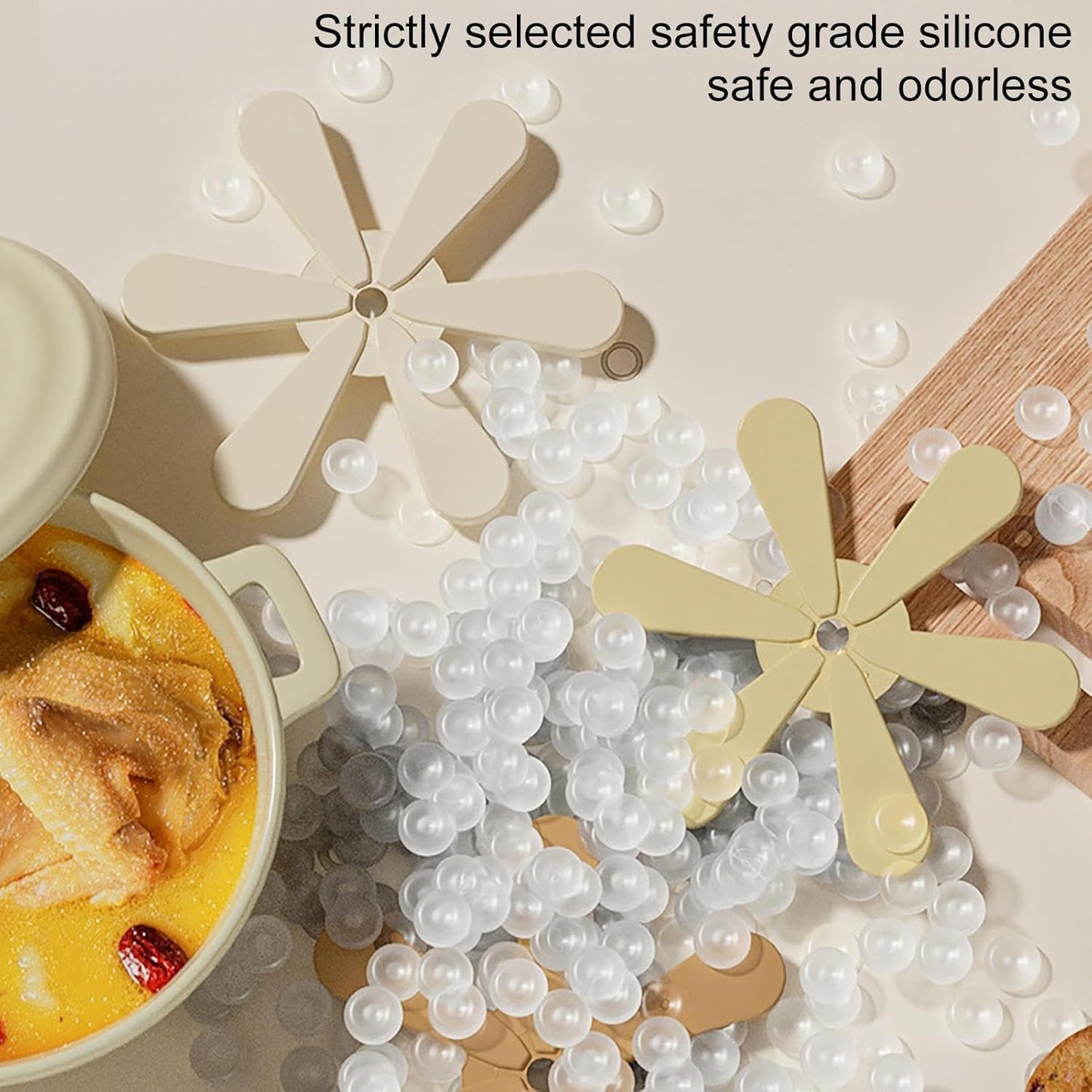 Silicone beads and flower-shaped molds on a light background with text about safety and odorlessness.
