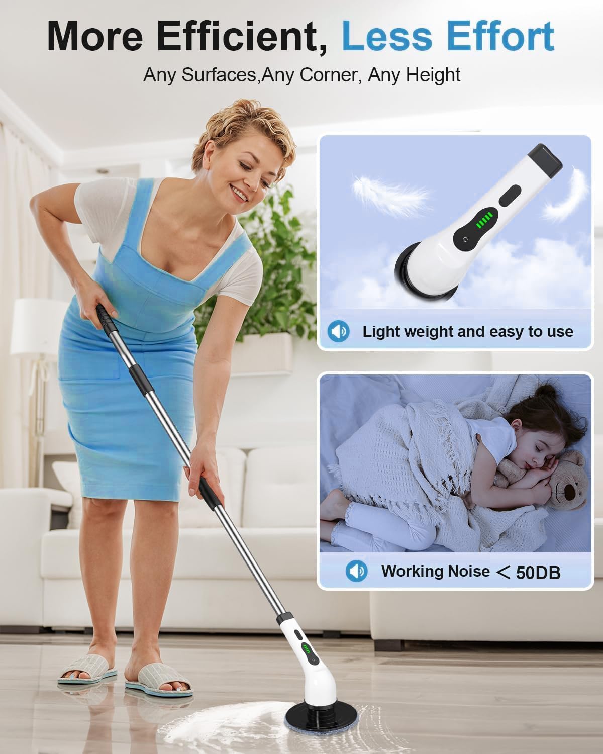 Woman using a cleaning device with text highlighting efficiency and ease of use.