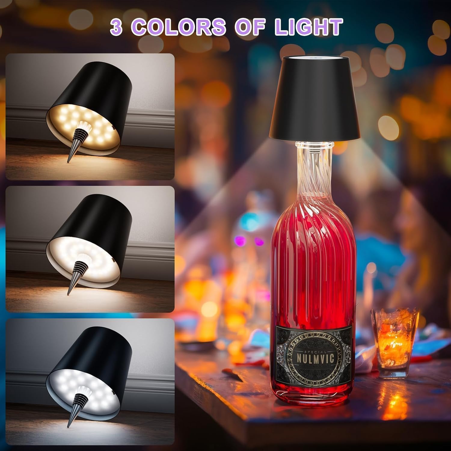 Bottle-shaped lamp with black cap displaying three different light colors on a blurred bar background.