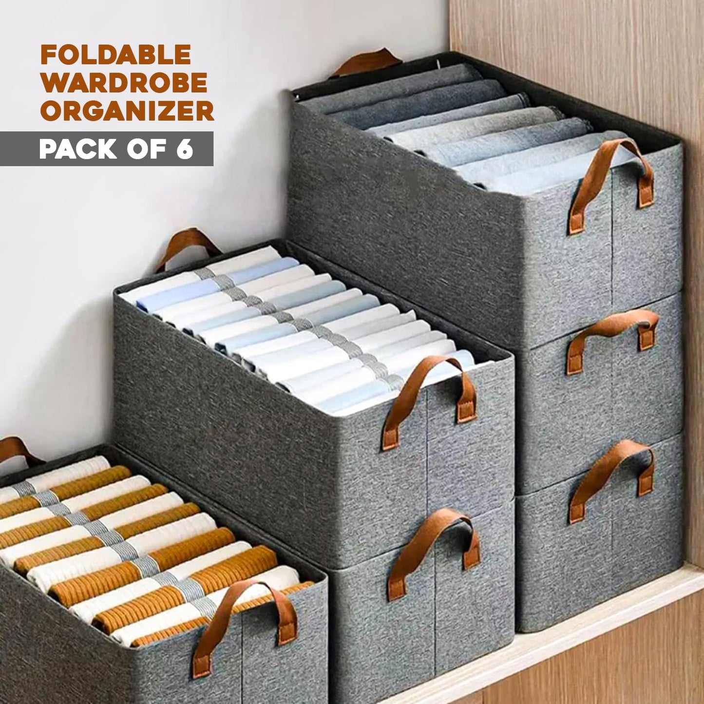 Foldable wardrobe organizer with leather handles, pack of 6, on a wooden shelf.