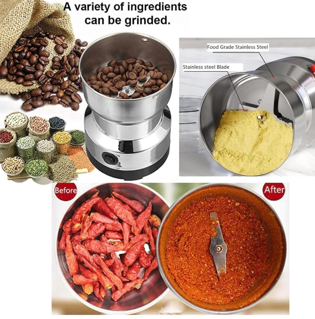 Collage of a spice grinder with coffee beans, spices, and ground spices.