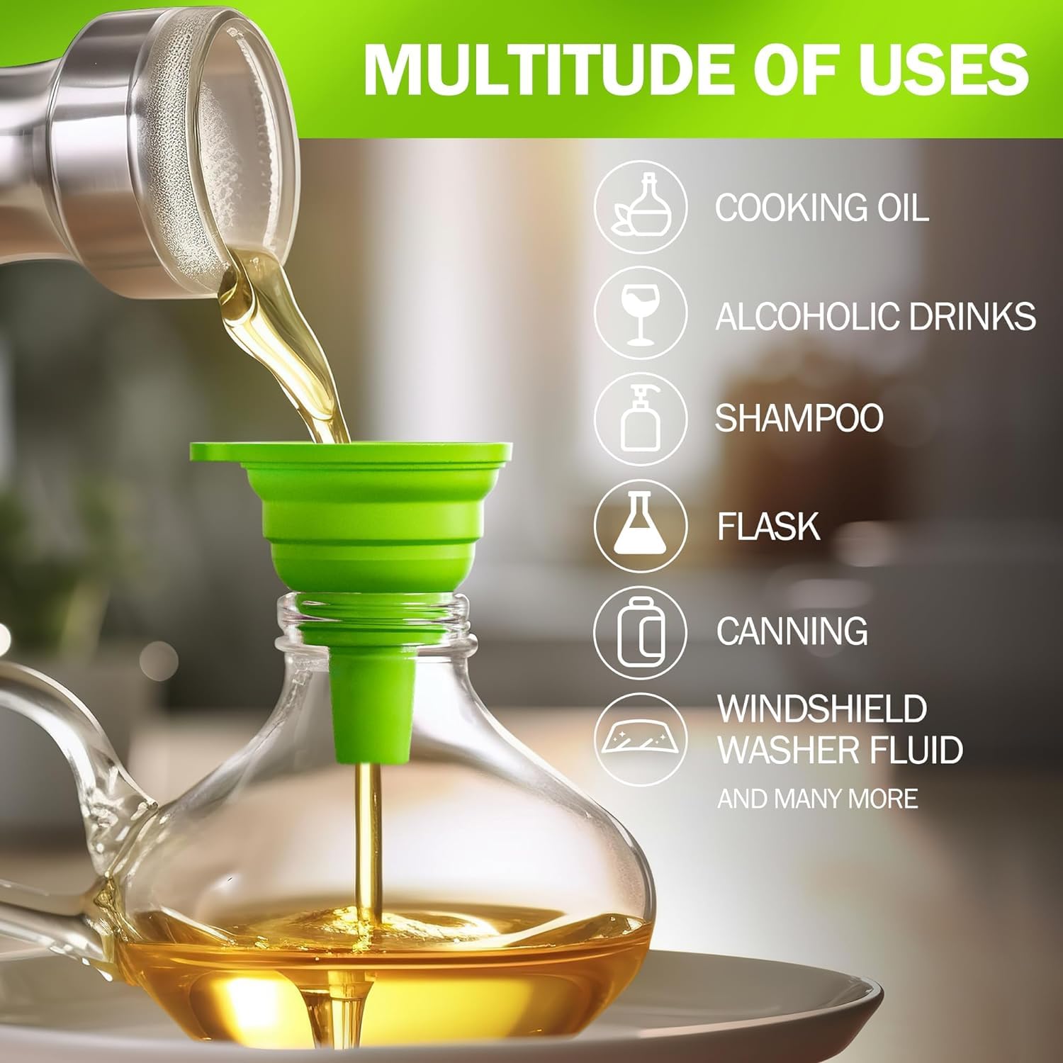 Oil being poured from a bottle into a green funnel with uses listed on a green background