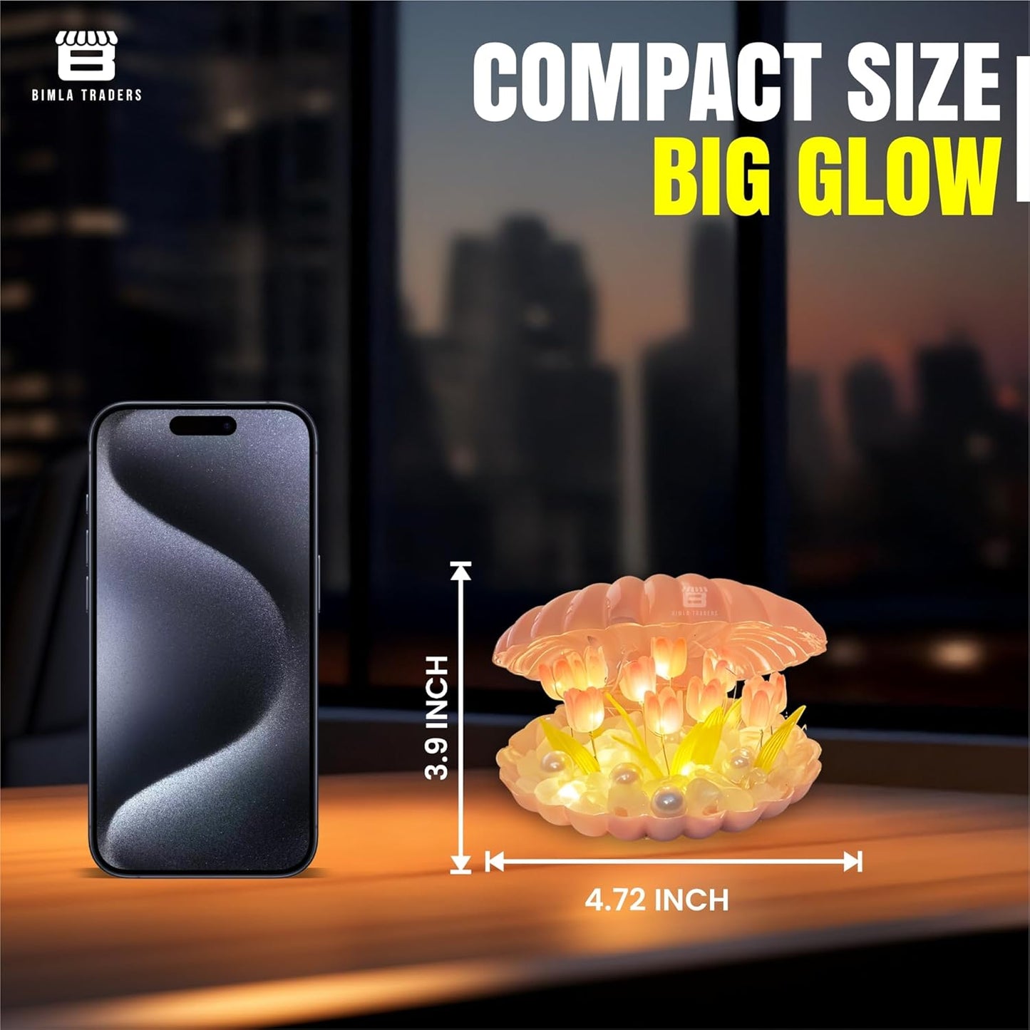 Compact shell-shaped lamp with smartphone for size comparison against a cityscape background