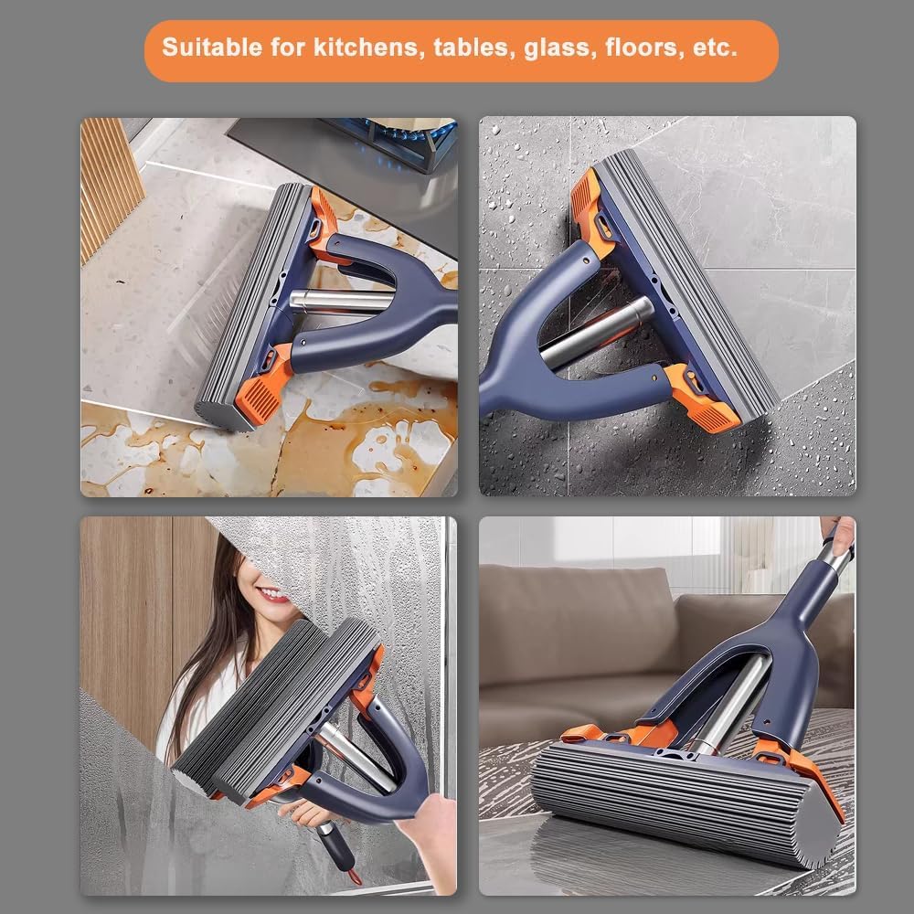 Multifunctional cleaning tool used on various surfaces with text indicating suitability for kitchens, tables, glass, floors, etc.
