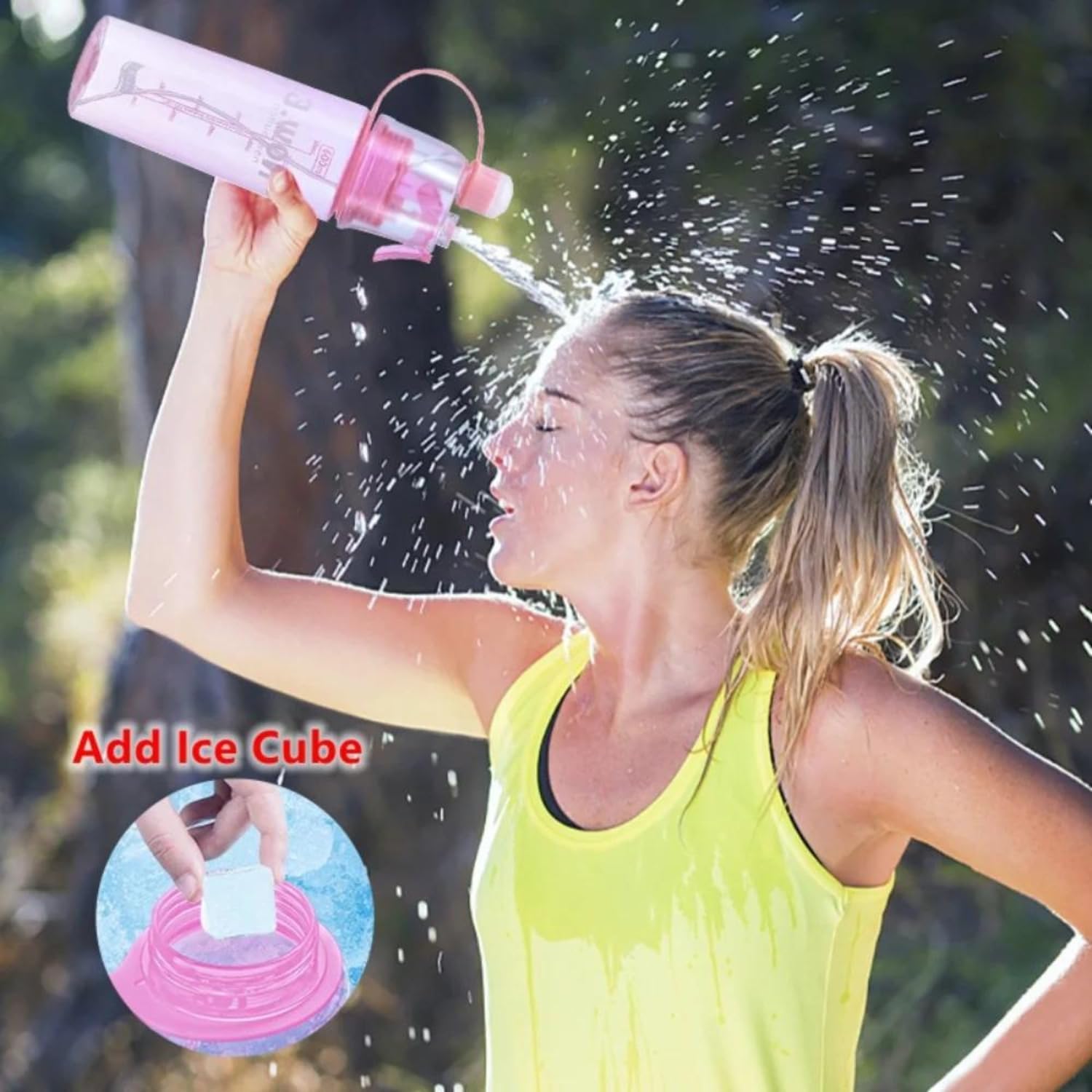 Woman using a pink water bottle with a silicone sleeve outdoors