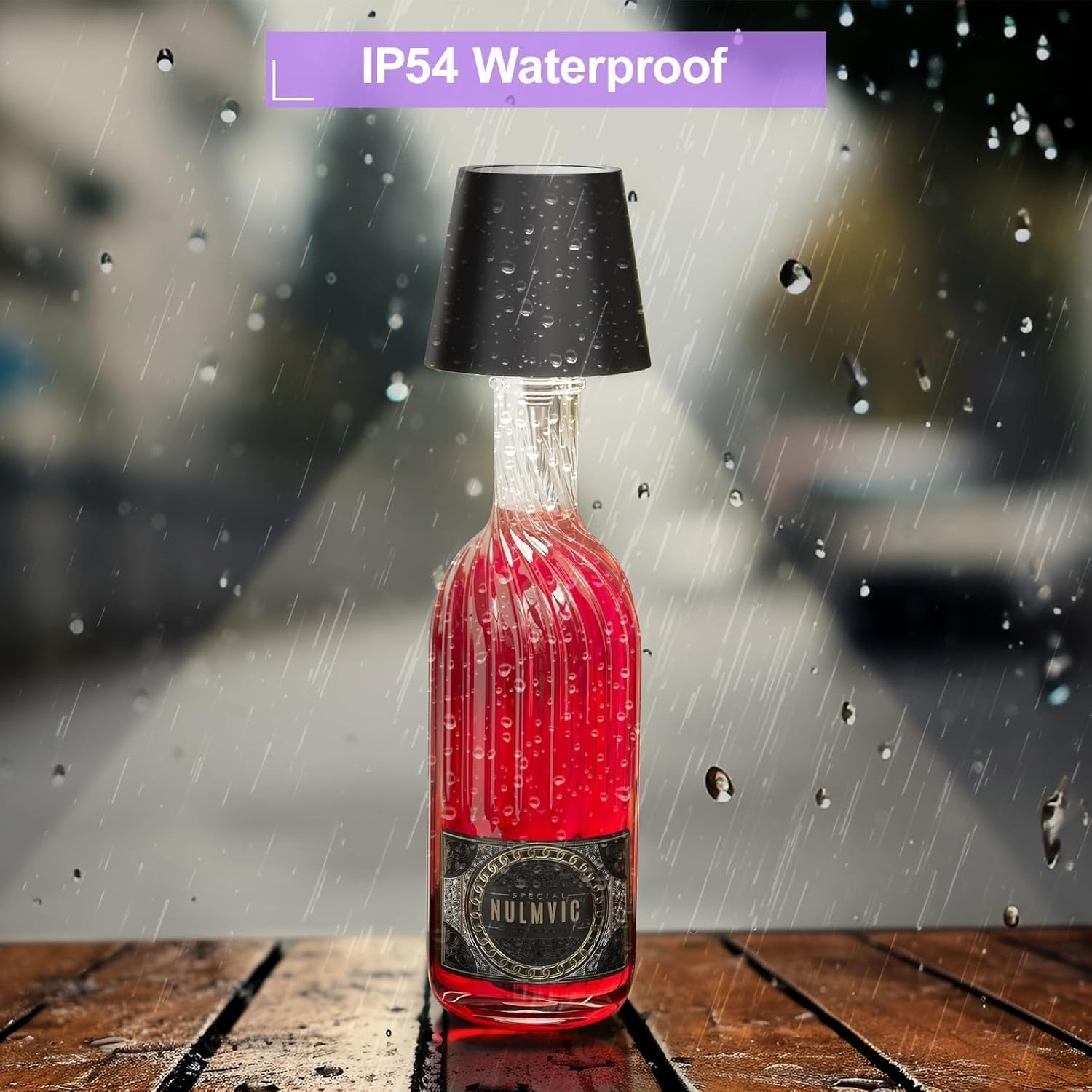 Red bottle with black cap on a wooden surface, raindrops on glass, 'IP54 Waterproof' text.