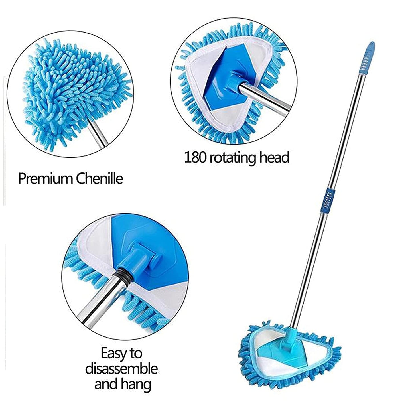 Blue Rotating triangle mop with long handle with interchangeable heads on a white background