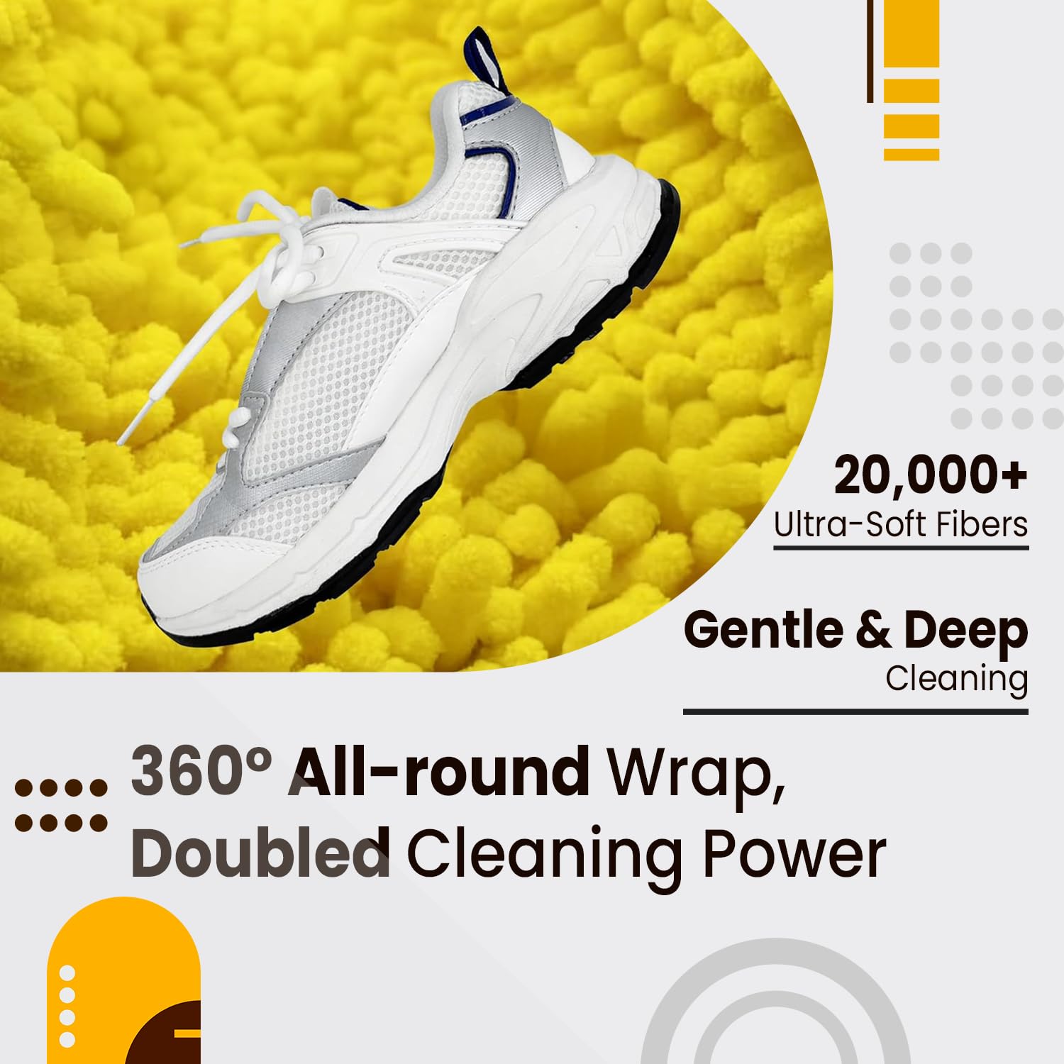 White sneaker on a yellow background with cleaning product features highlighted