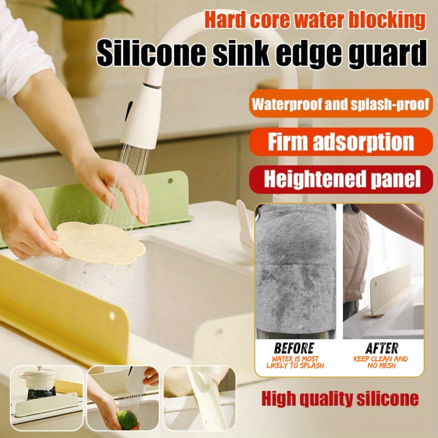 Silicone sink edge guard product with before and after images in a kitchen setting.