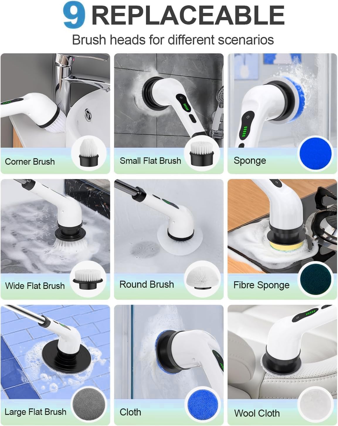 Replaceable brush heads for Cordless Electric Spin Scrubber with various attachments shown.