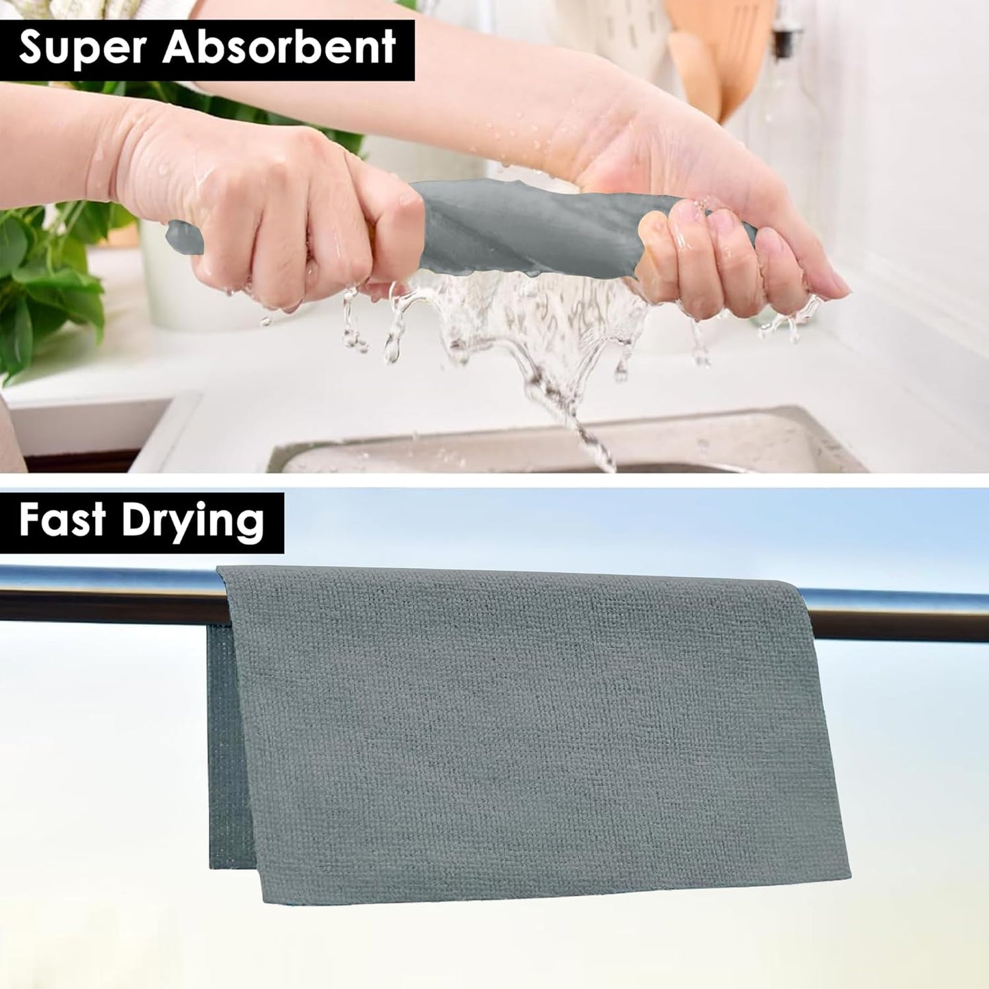 Person using a super absorbent towel to dry hands after washing, with text indicating 'Super Absorbent' and 'Fast Drying'.