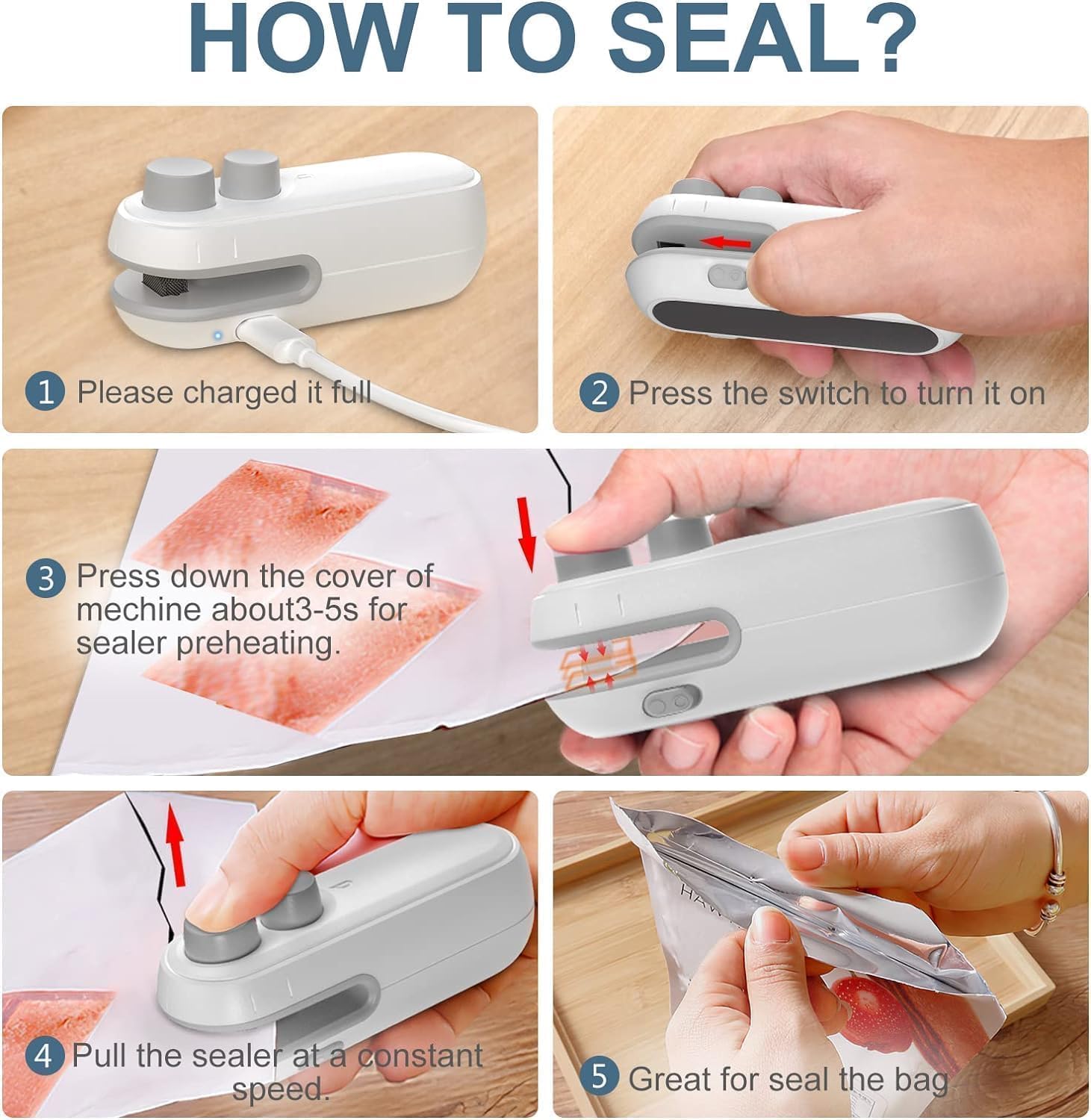 Portable heat sealing tool for snacks, chips, and pet food packaging

