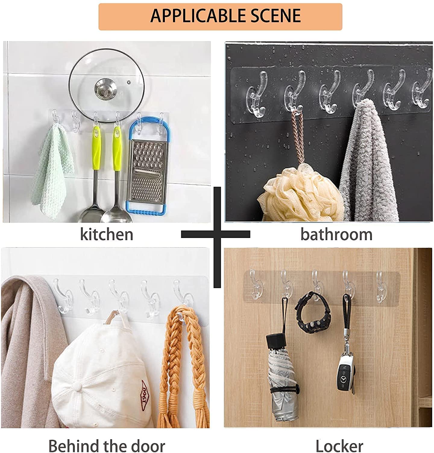Clear hooks demonstrating use in kitchen, bathroom, behind a door, and locker settings.