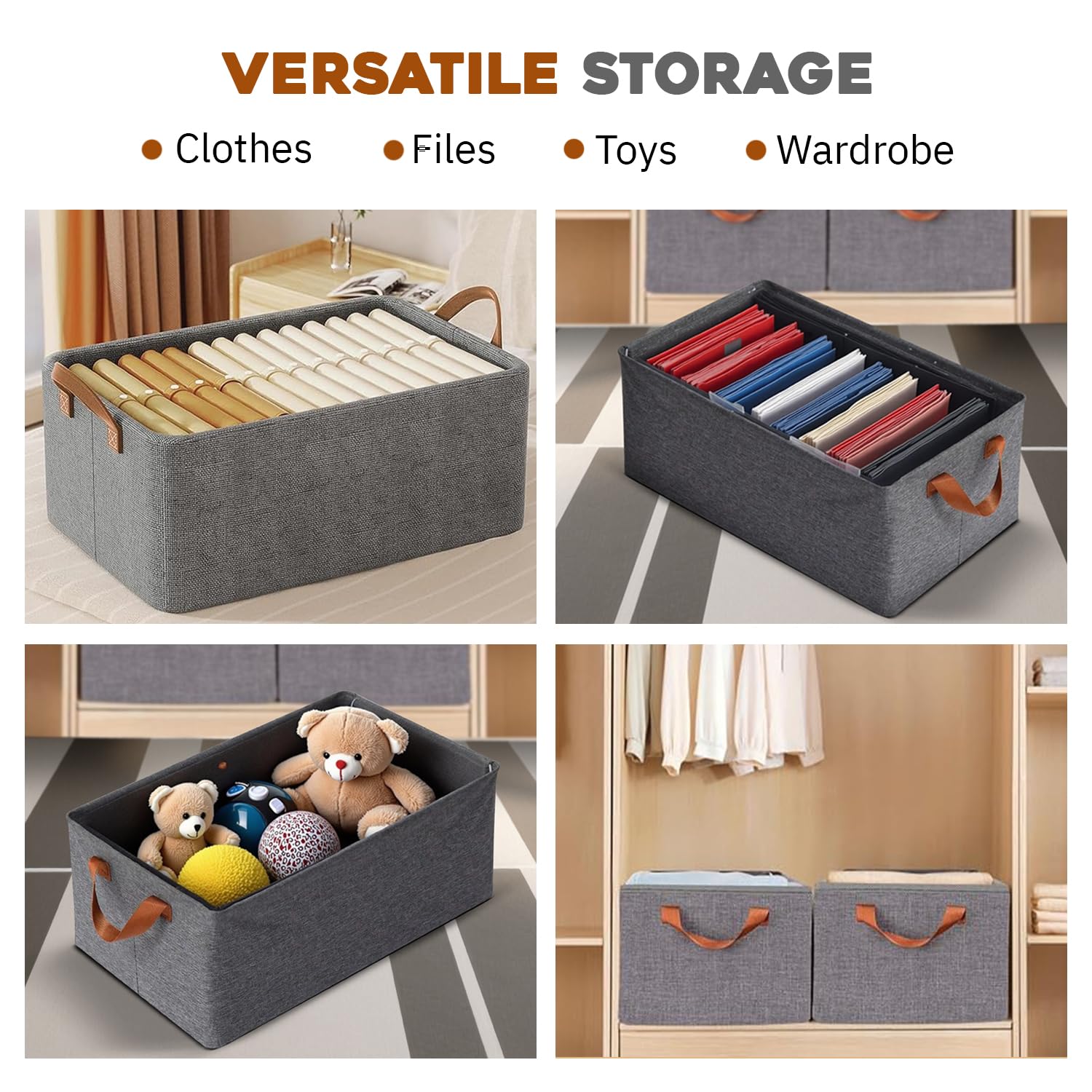 Gray storage bins used for storing clothes, files, toys, and wardrobes with text 'VERSATILE STORAGE' above.