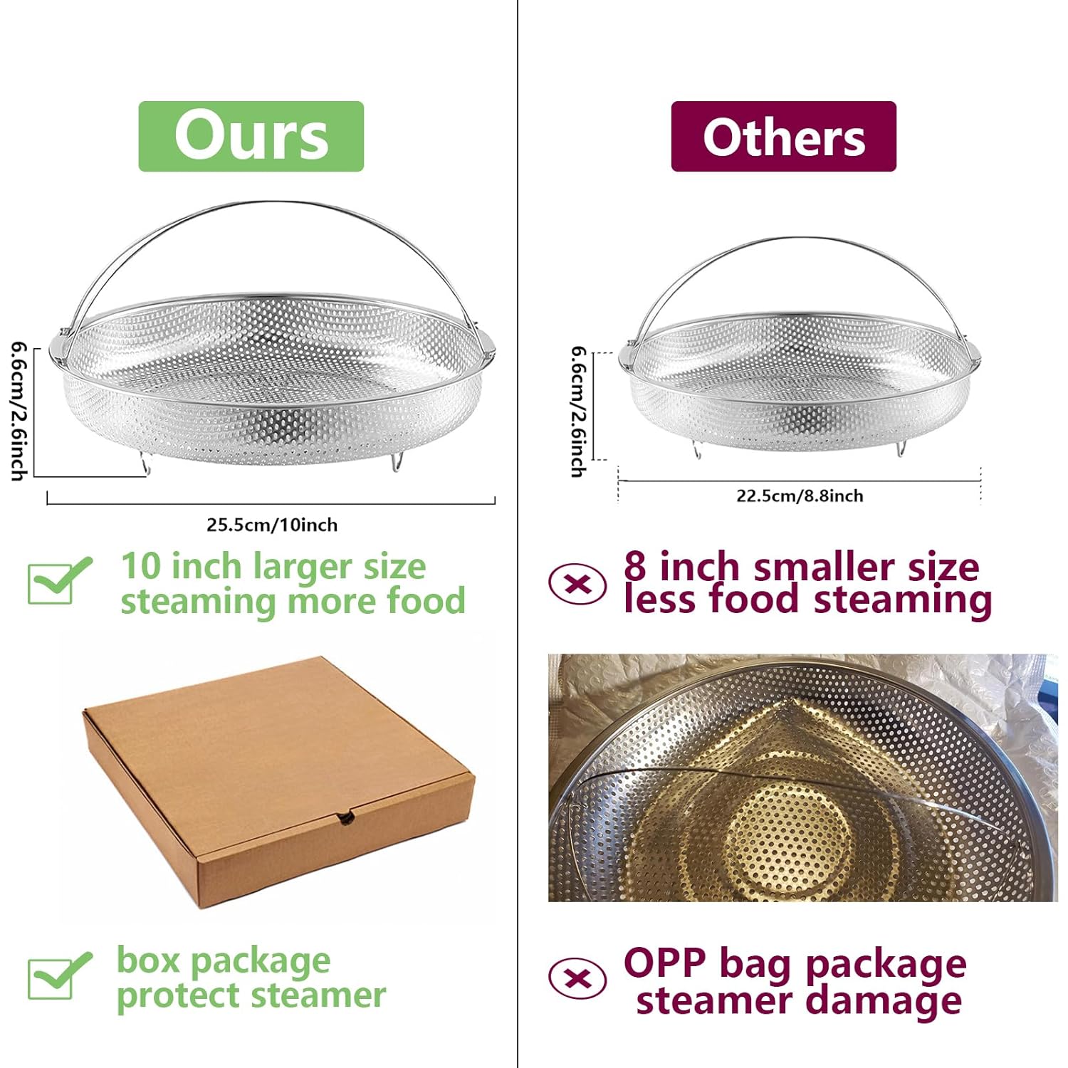 Comparison of a metal steamer basket labeled 'Ours' with dimensions and packaging details, versus 'Others' with smaller size and OPP bag damage.