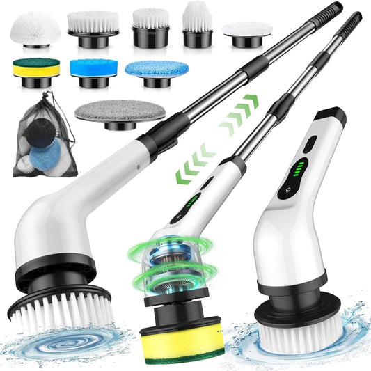 Cordless electric spin scrubber with 9 brush heads for bathroom and floor cleaning


