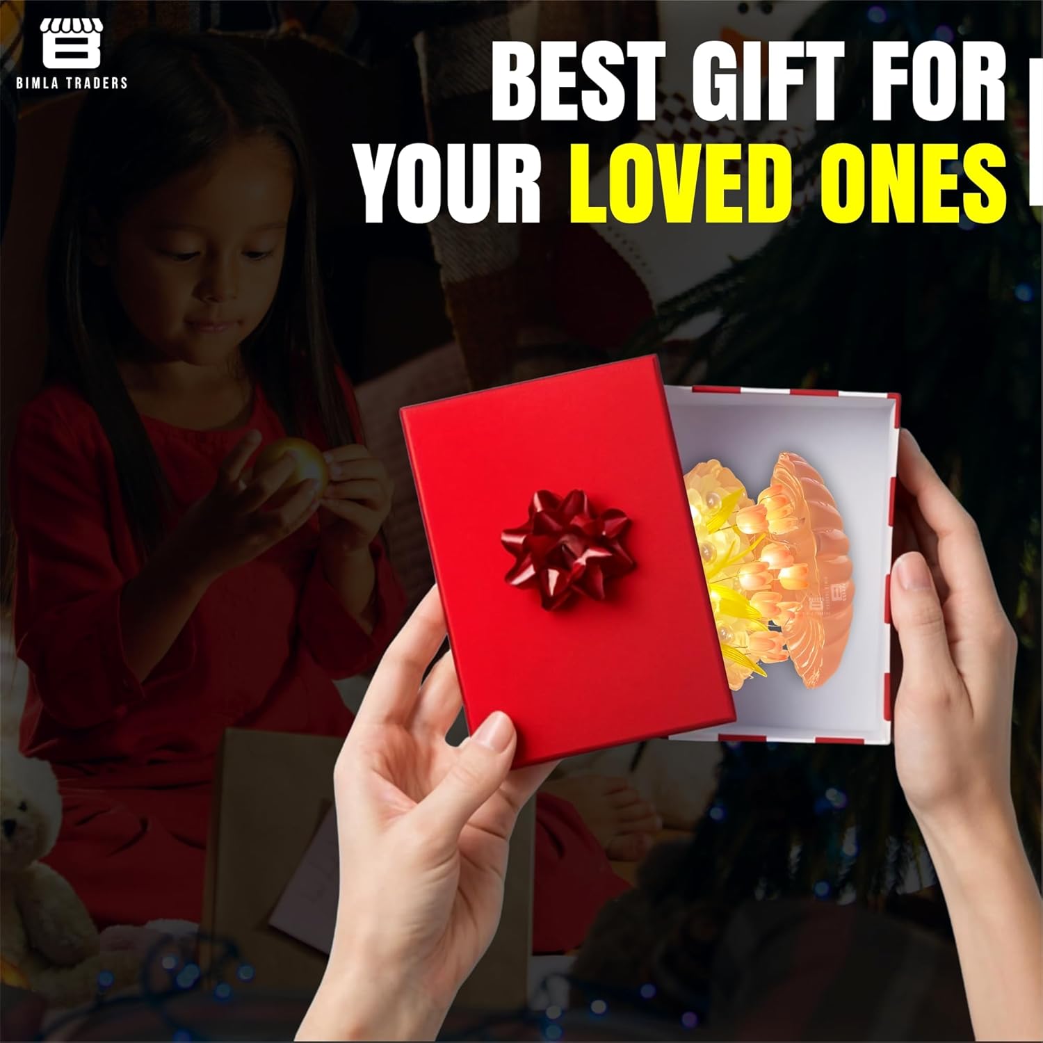 Person holding a red gift box with a yellow gift inside, surrounded by a child and toys.