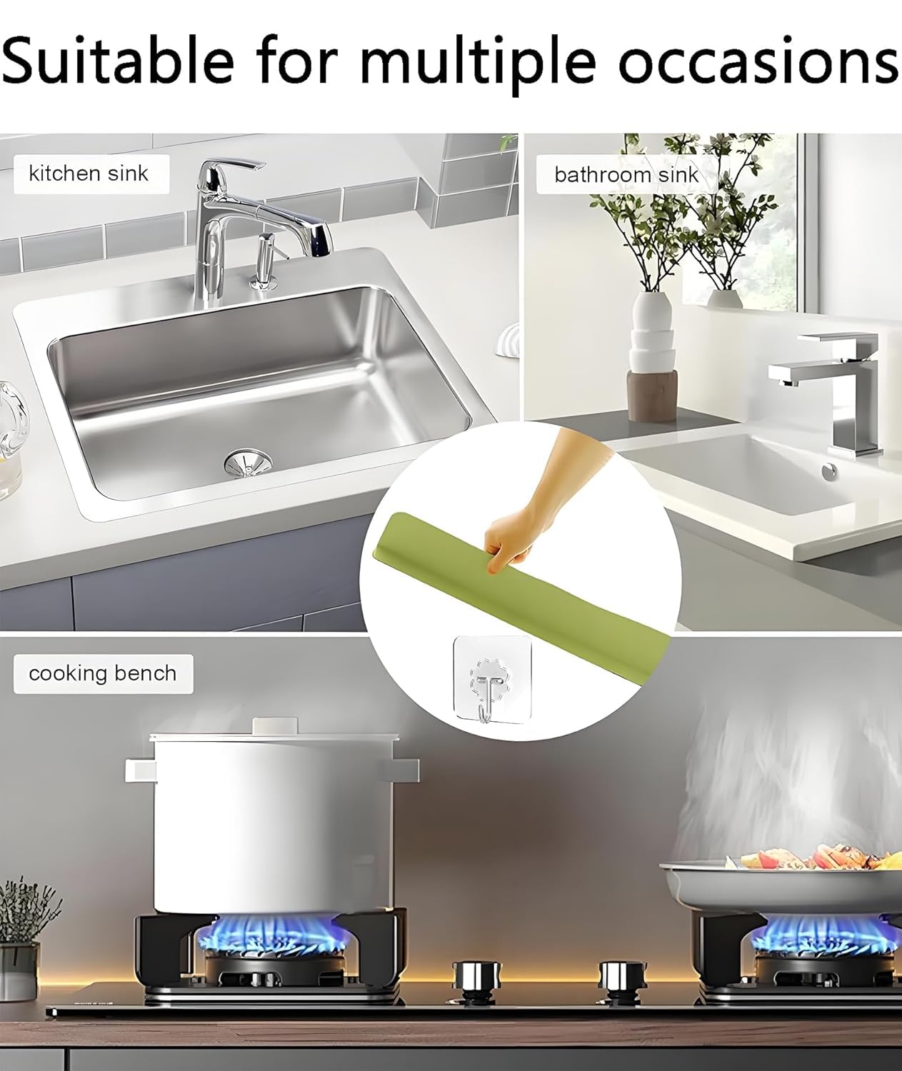 Product being used on a kitchen sink, bathroom counter, and cooking surface with text 'Suitable for multiple occasions'.