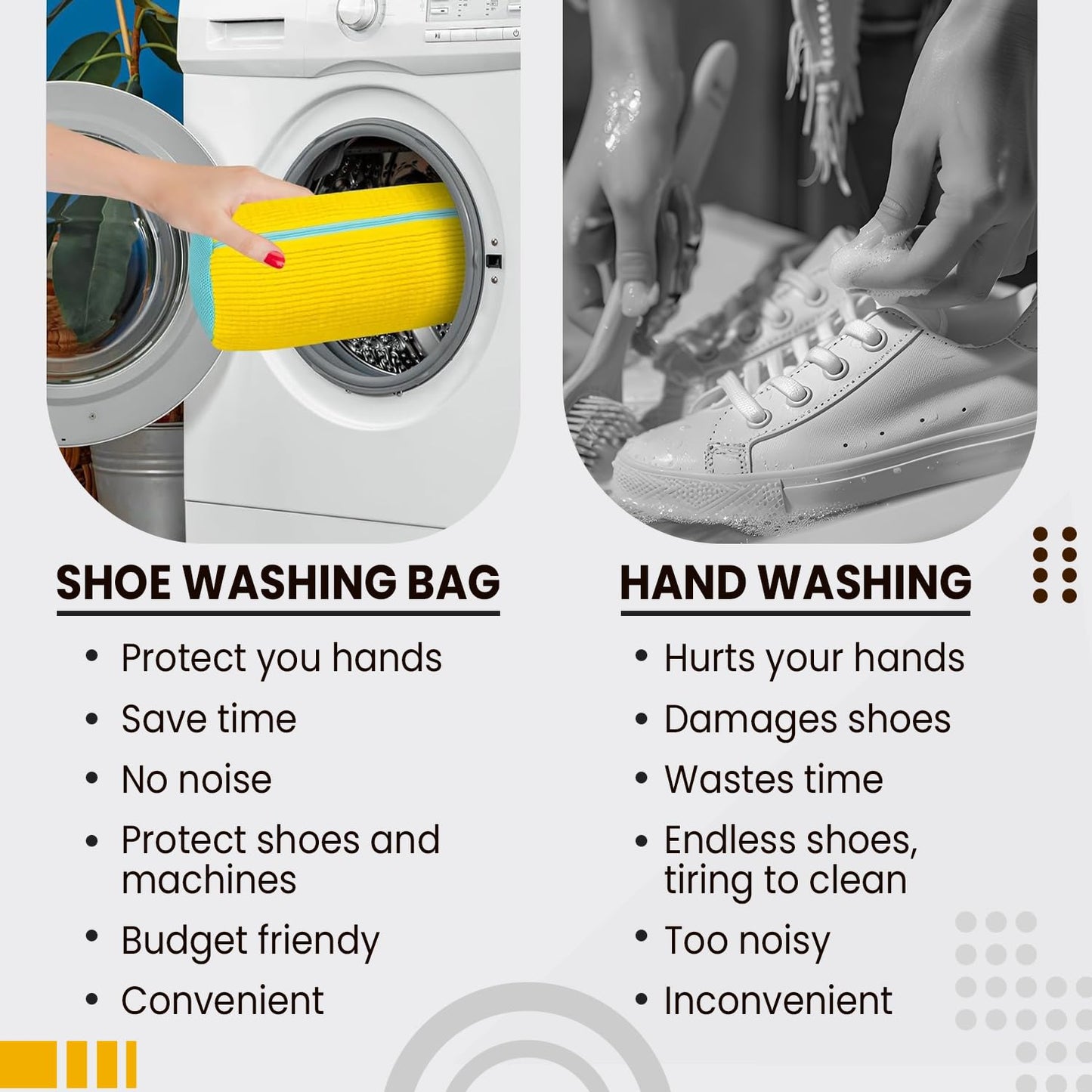 Comparison of shoe washing methods with a shoe washing bag and hand washing.