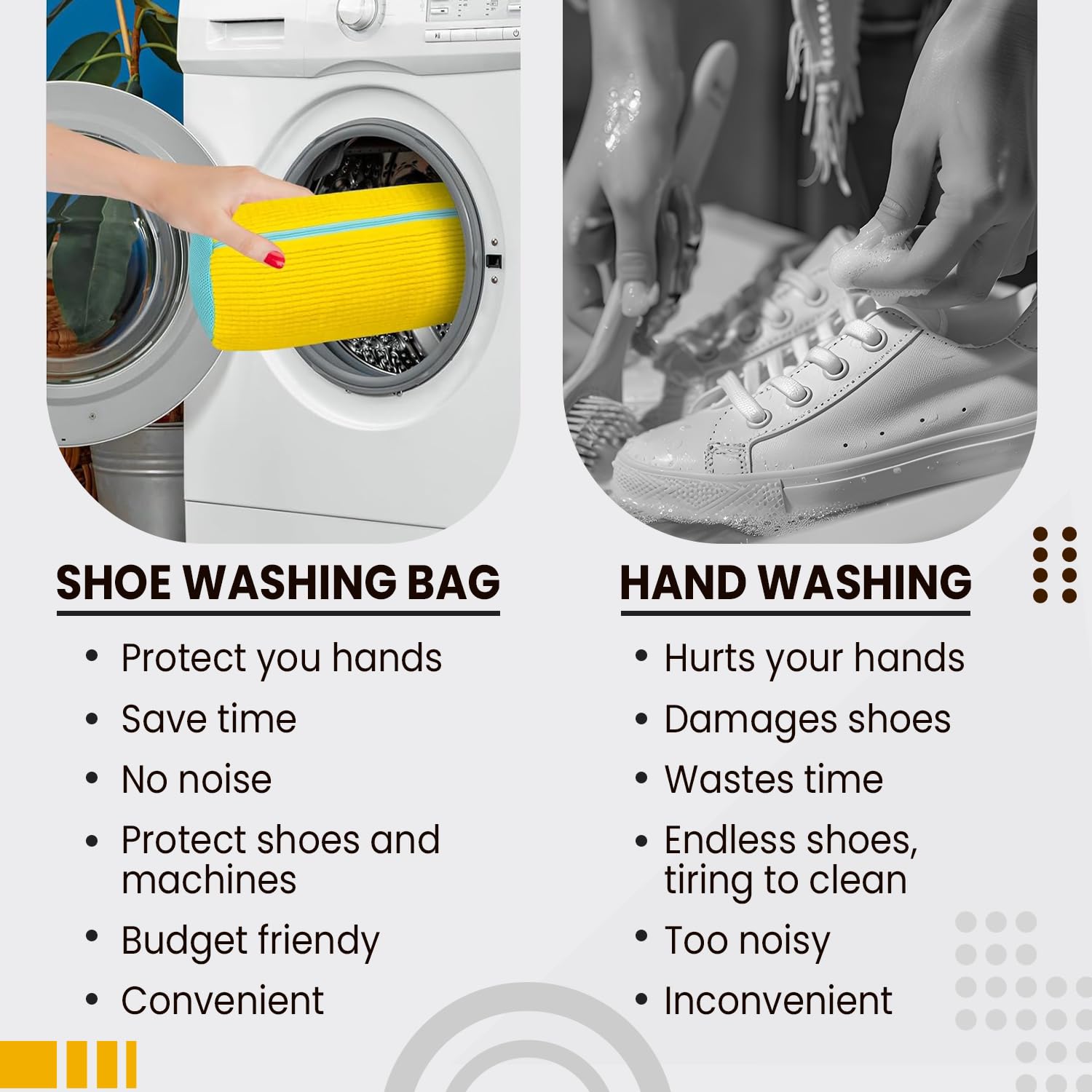 Comparison of shoe washing methods with a shoe washing bag and hand washing.
