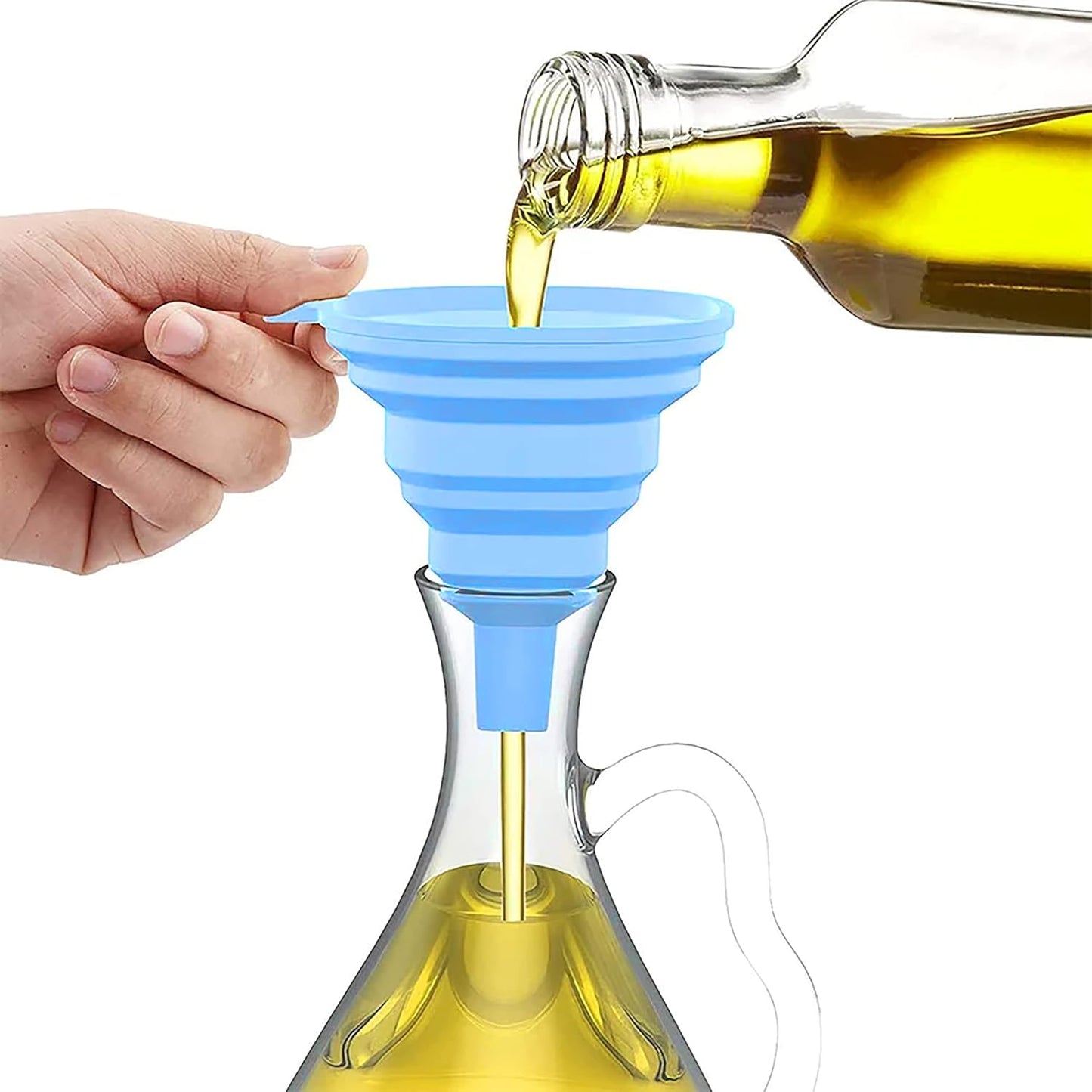 Person pouring oil from a bottle into a blue silicone funnel.