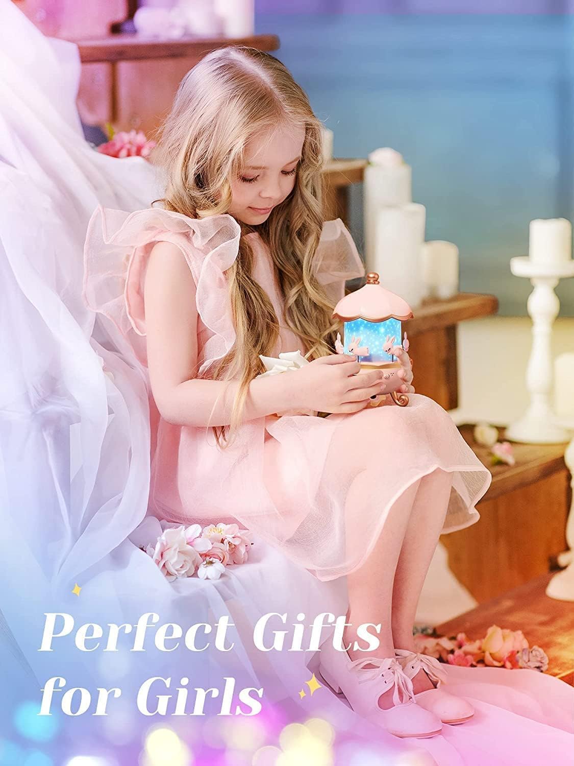 Young girl in a pink dress holding a toy with 'Perfect Gifts for Girls' text.