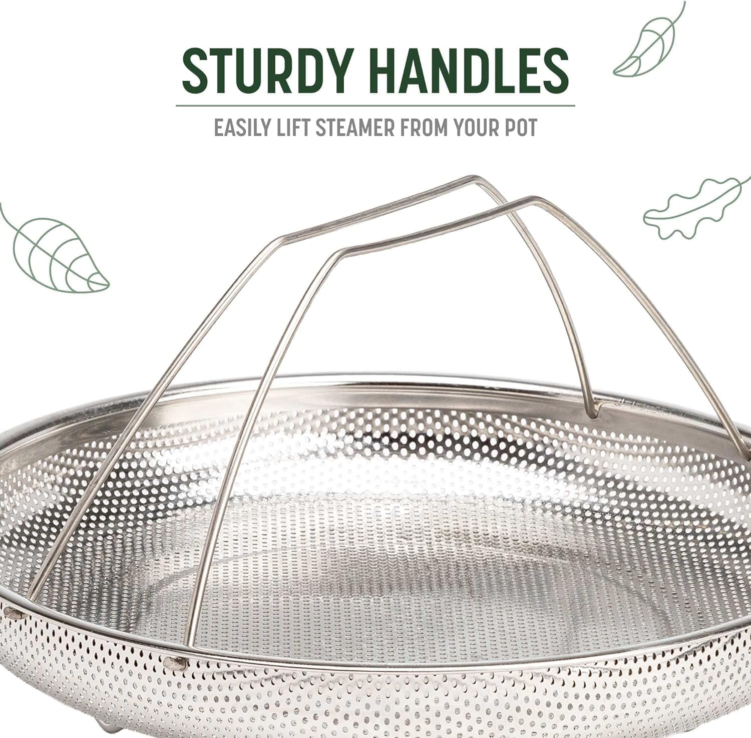 Metal steamer basket with sturdy handles on a white background