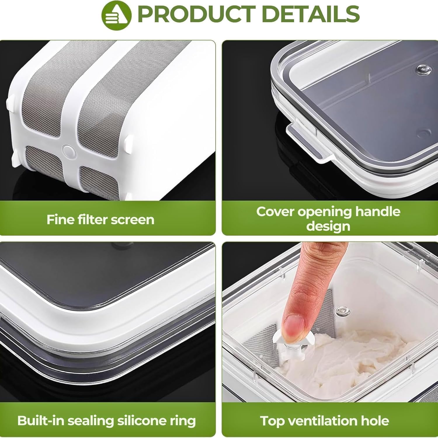 Product details of a kitchen container with features like a fine filter screen, cover opening handle, sealing silicone ring, and top ventilation hole.