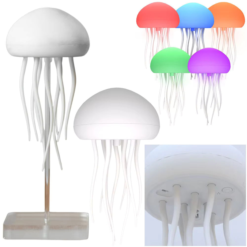 Jellyfish-shaped lamps with white base, colorful jellyfish, and close-up of base.