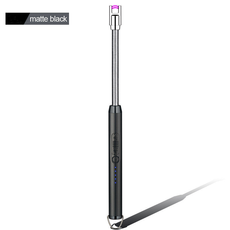 Rechargeable electric arc BBQ lighter with long neck, USB port, and safe ignition – perfect for grill, candle, or campfire use.
