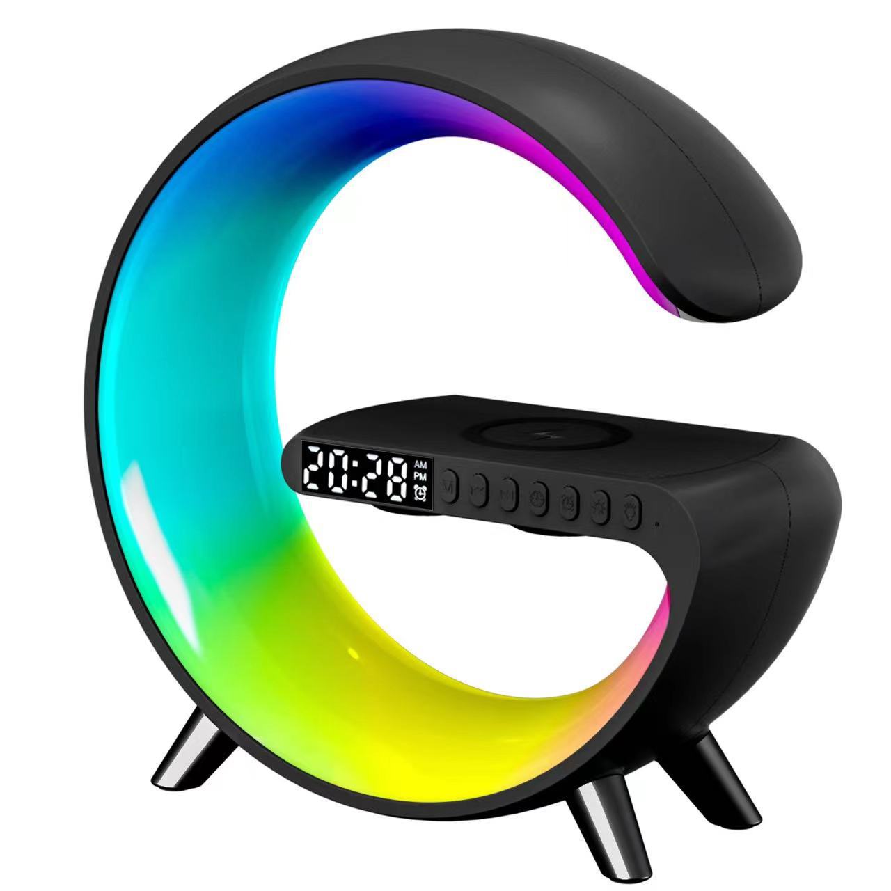 Colorful circular LED lamp with digital clock on a white background