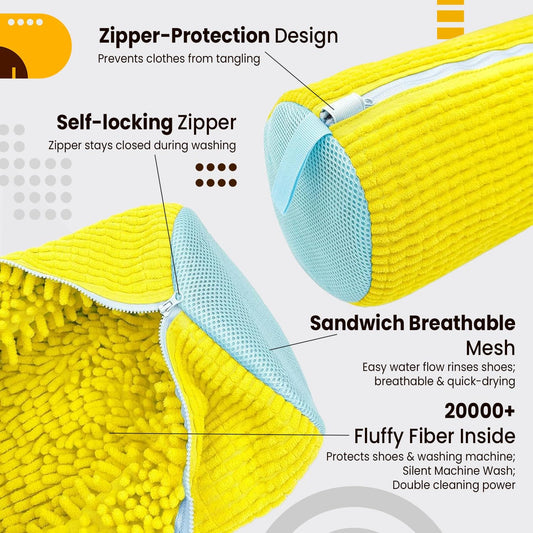 Yellow shoe cover with features highlighted on a gray background