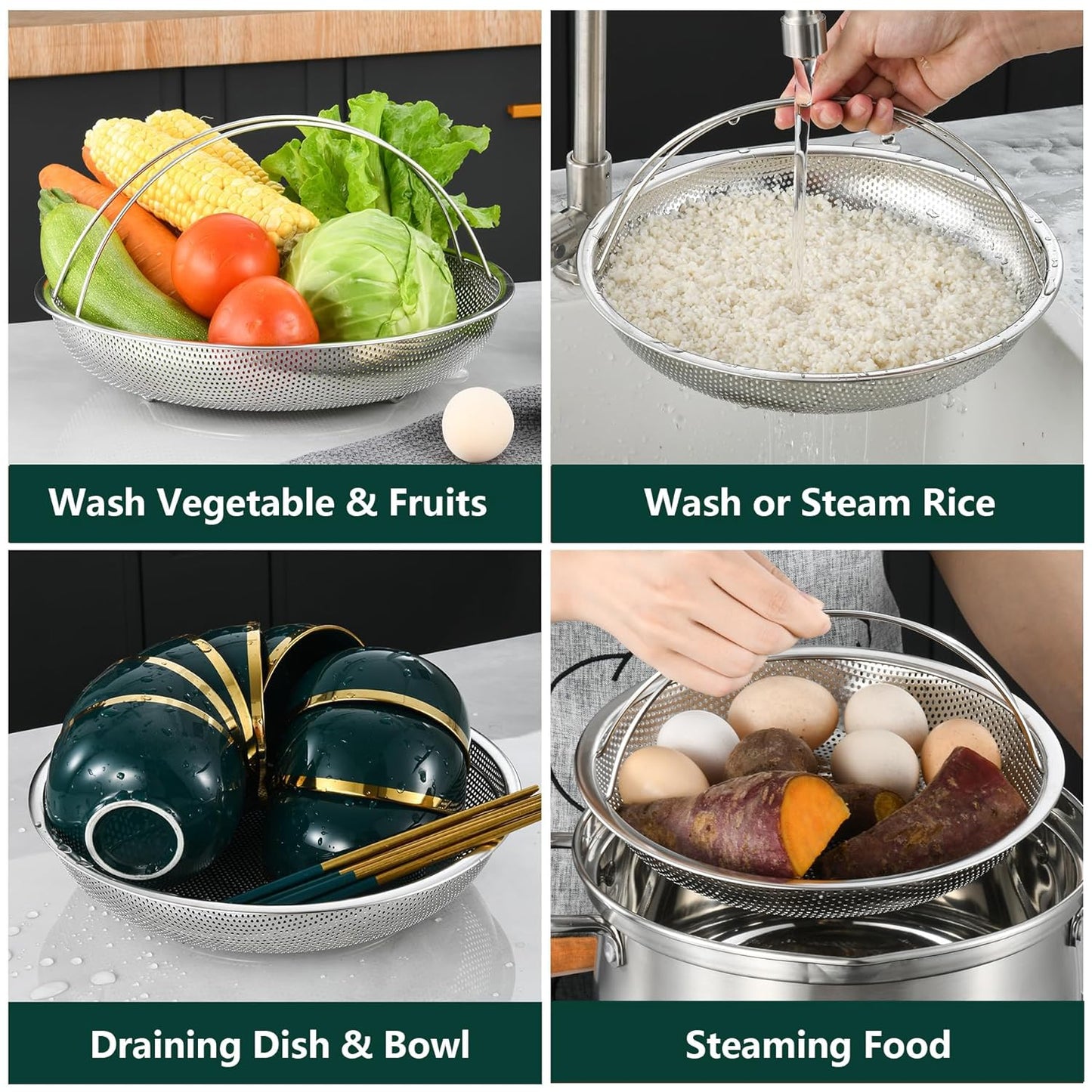 Collage of a metal mesh strainer being used for washing vegetables, rice, dishes, and steaming food.