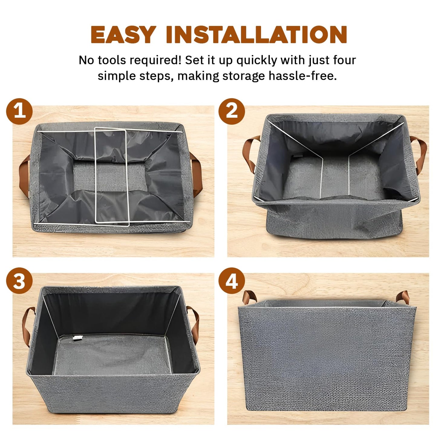 Step-by-step guide for setting up a storage bin with text about easy installation.