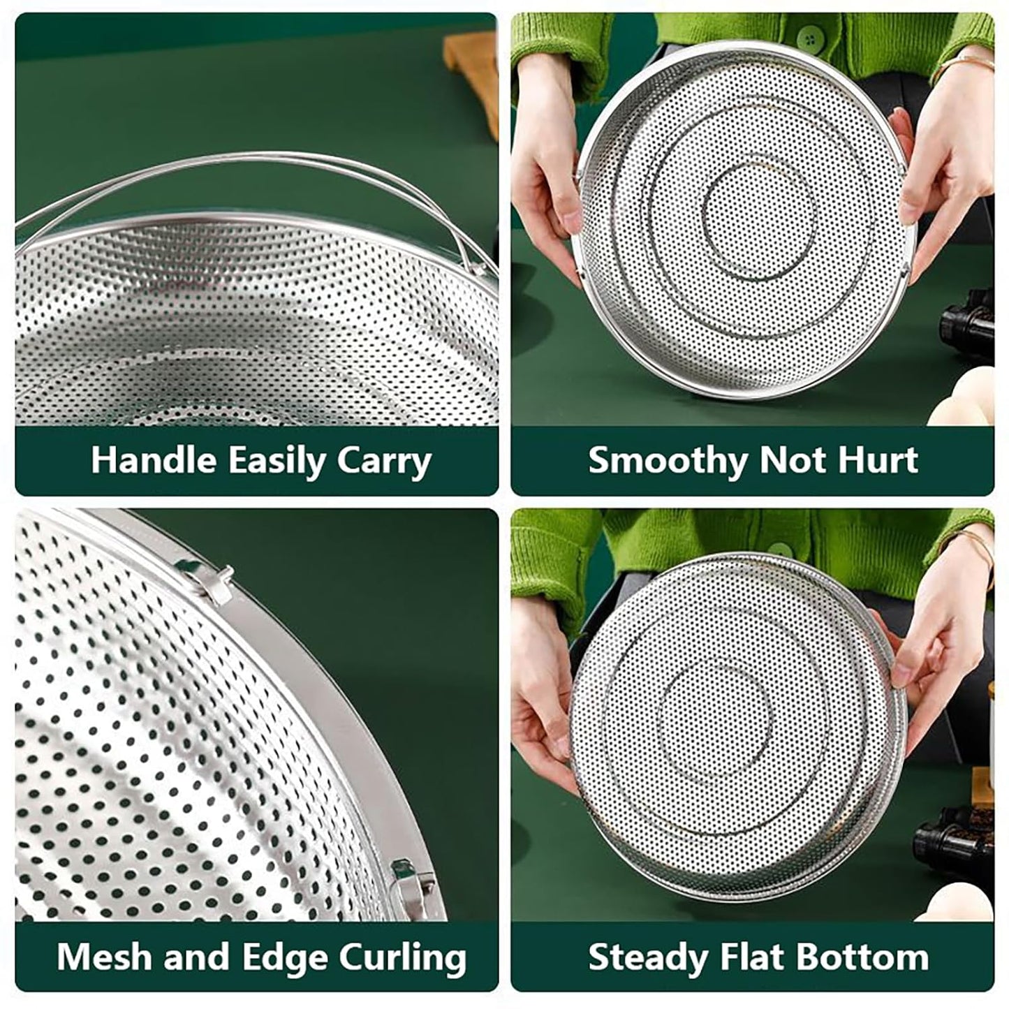Stainless steel steamer basket with foldable design, anti-hot handle, and heat-resistant grips – perfect for veggies, dumplings, and seafood.

