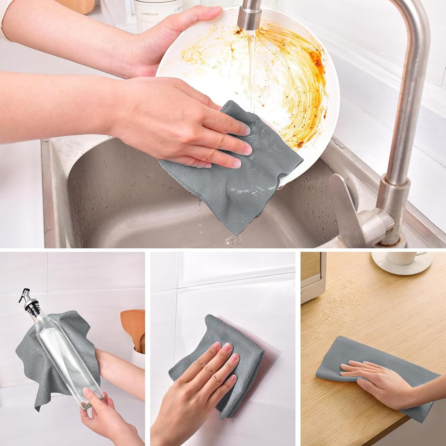 Gray cleaning cloth being used to clean a sink, bottle, surface, and table.
