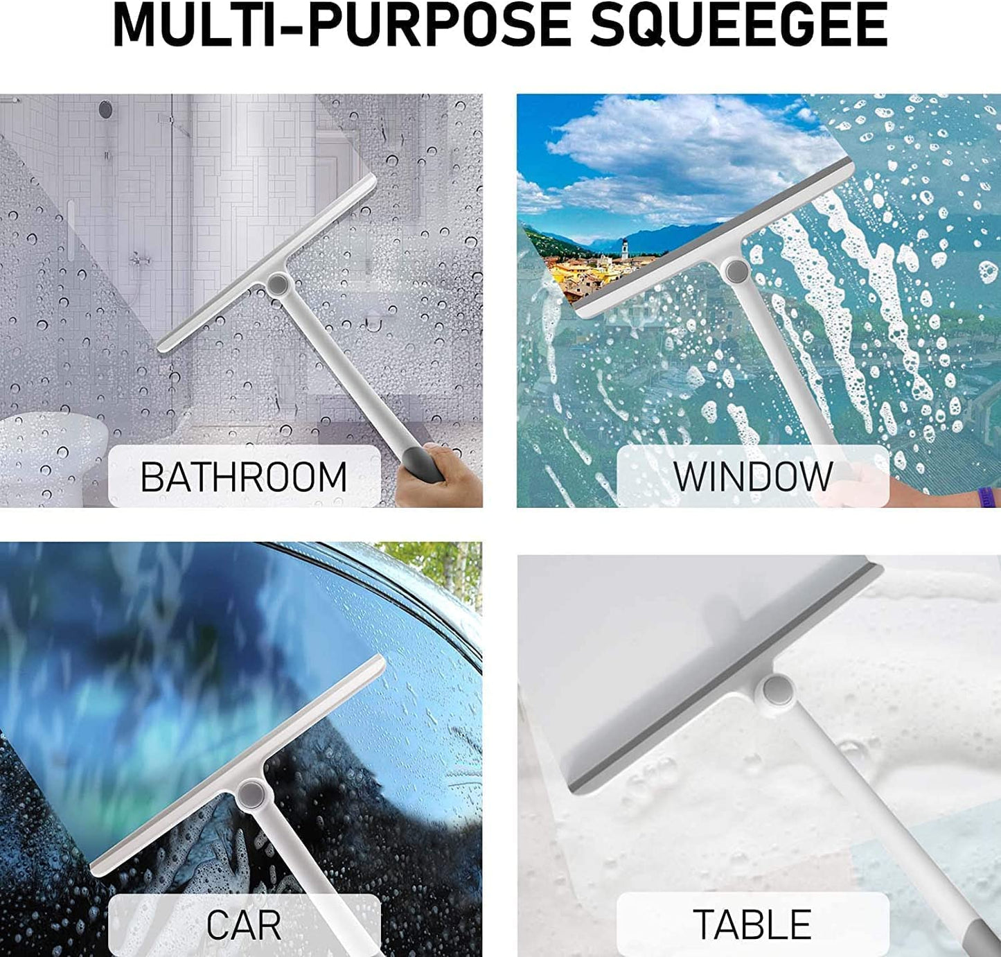 Multi-purpose 360° Rotatable Cleaning Glass Wiper being used on bathroom, window, car, and table surfaces.