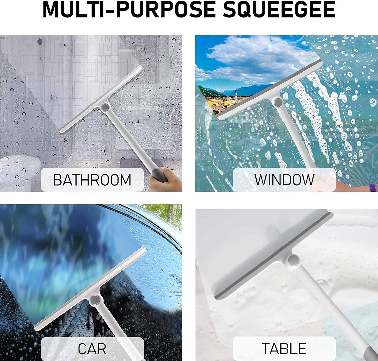 Multi-purpose 360° Rotatable Cleaning Glass Wiper being used on bathroom, window, car, and table surfaces.
