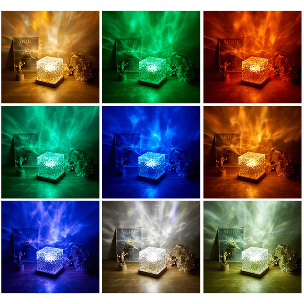 Collage of a glowing crystal cube lamp in various colors on a wooden surface.