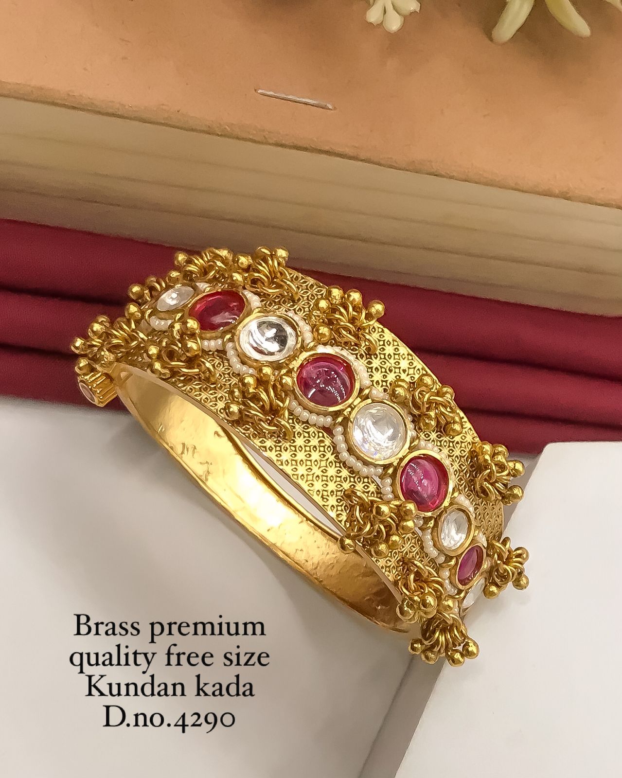 “Brass premium quality Kundan kada for women, antique gold finish ethnic bracelet, handcrafted wedding and festive jewelry India.”